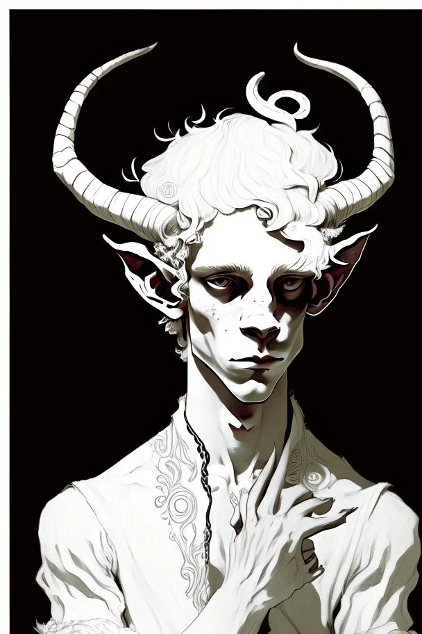 young satyr male albino alchemist with goat horns in the style of Aubrey Beardsley