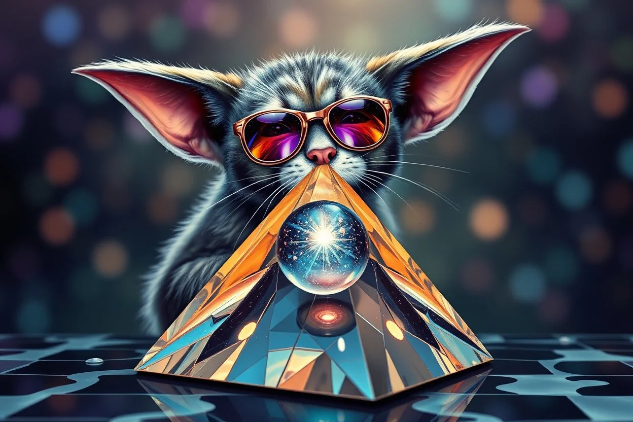 airbrush with pen outline, gremlin cat pimp kissing a reflective prismatic pyramid with orb containing plasma in the style of Escher , bokeh like f/0.8, tilt-shift lens 8k, high detail, smooth render, down-light, unreal engine, prize winning