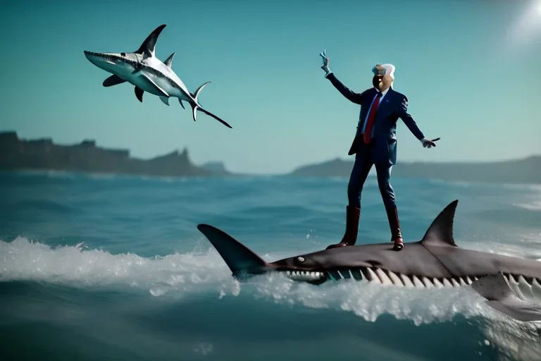 Trump riding a shark yelling yeehaw