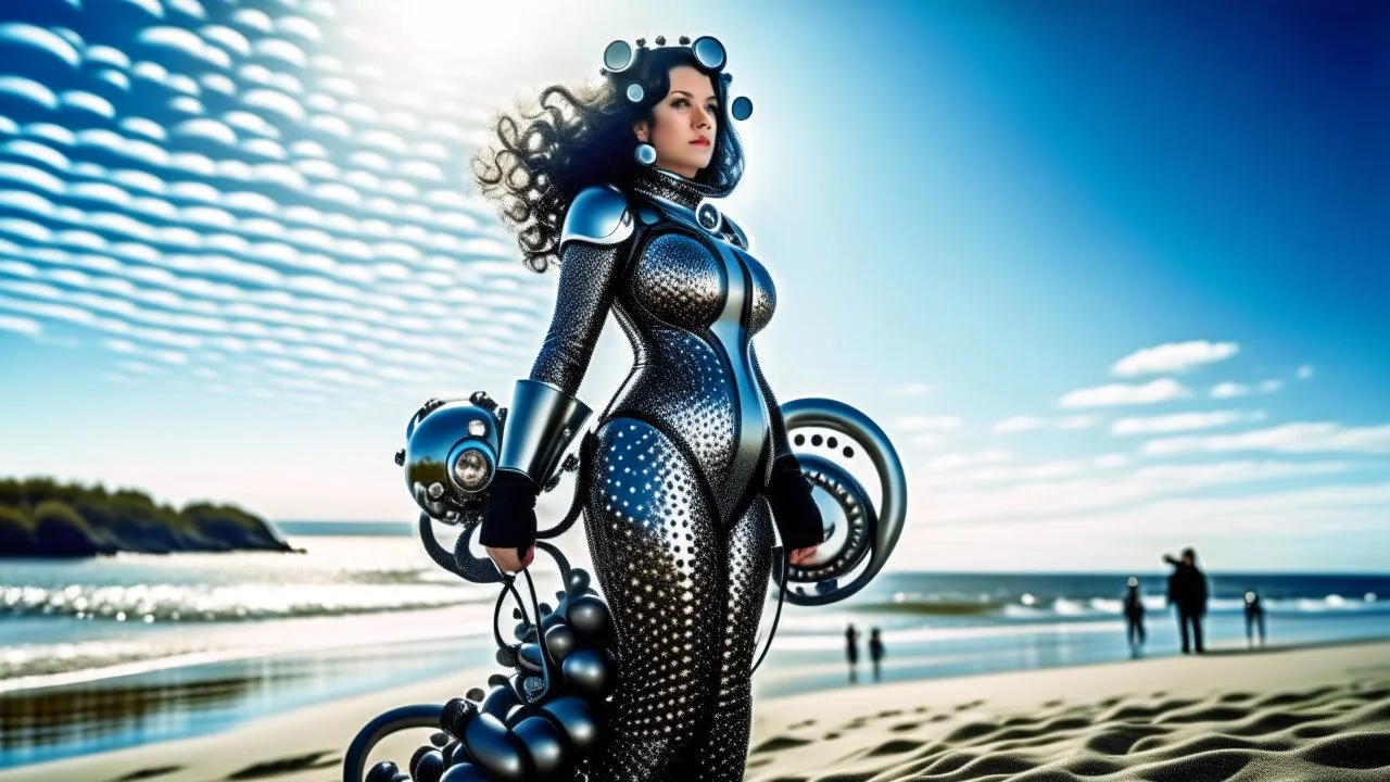 Wide-angle shot of a woman, standing to one side, with dark hair in a silver robotic catsuit, standing on a beach, flying mushrooms with octopus tentacles floating above her