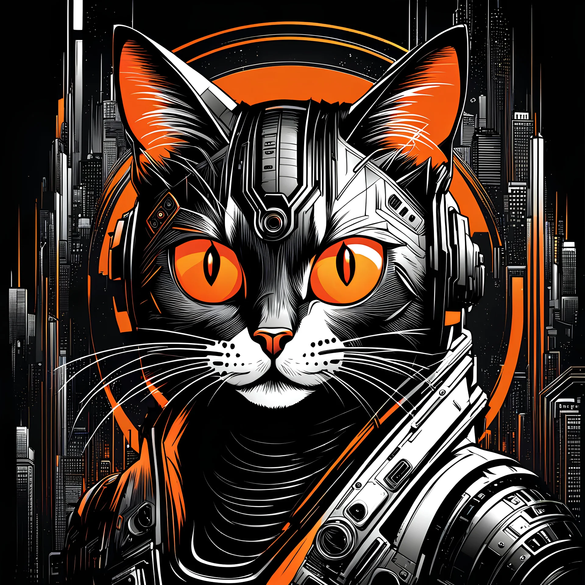 Ilustración cómic lineal de cat cyberpunk color blanco anaranjado y negro