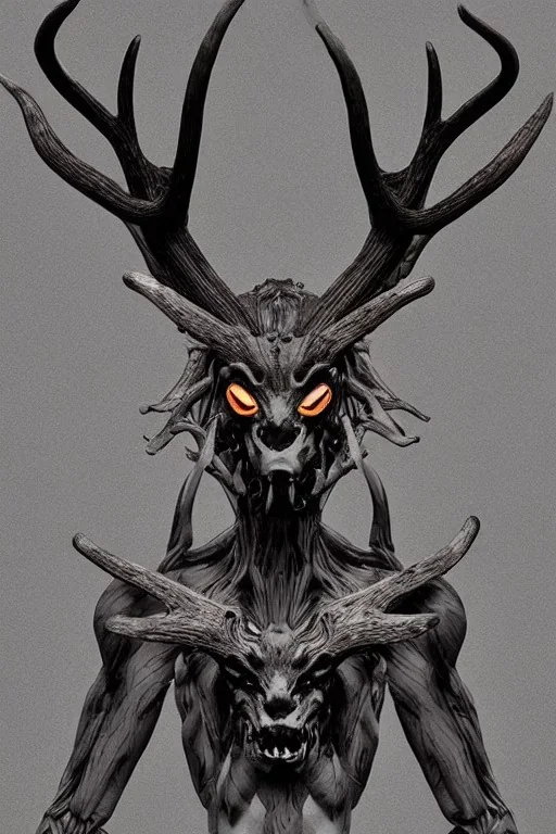 A humanoid figure monster 8K horror deer stag frightening with wendigo antlers, highly detailed digital art, sharp focus, trending on art stations Kentaro Miura manga art style artgem pixar