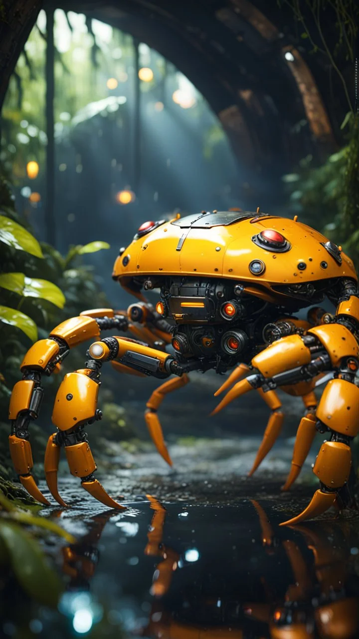 magazine cover, metallic yellow orange crab robot chivalry knight with cute face in dark lit reflective wet jungle metallic hall dome hotel tunnel, in the style of fallout 4 game,bokeh like f/0.8, tilt-shift lens 8k, high detail, smooth render, down-light, unreal engine, prize winning