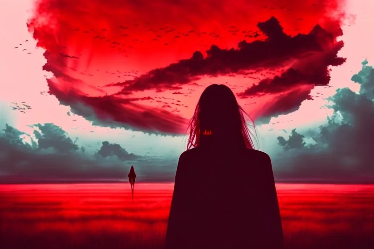 A dark sihlouette of a person floating among the beautiful haunting blood-red clouds