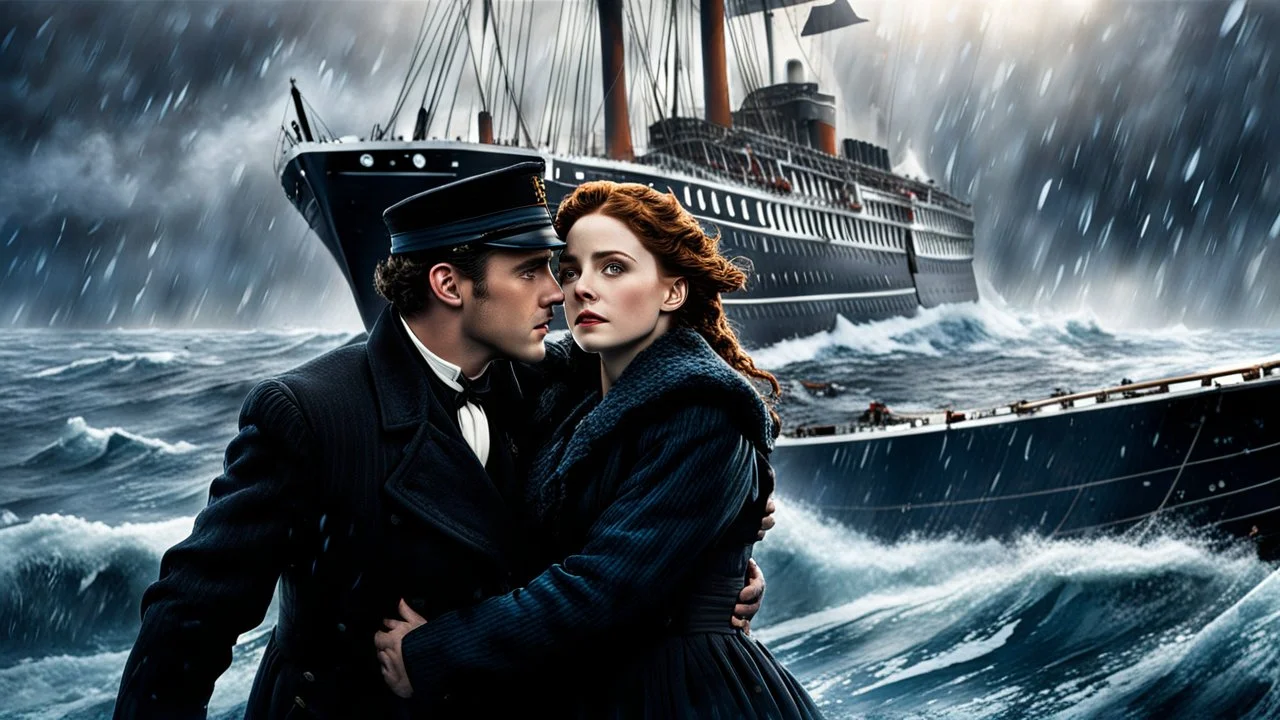 As the Titanic slowly sinks into the icy waters of the North Atlantic, chaos and panic grip the ship. Passengers are running frantically, trying to find safety as the once grand vessel is now a scene of devastation. Amidst the chaos, Jack and Rose stand on the deck, their hands tightly clasped together. Rose's eyes are filled with tears as she looks up at Jack, her heart torn between staying with him and boarding the last remaining lifeboat to safety. Jack's face is a mask of anguish, his voice