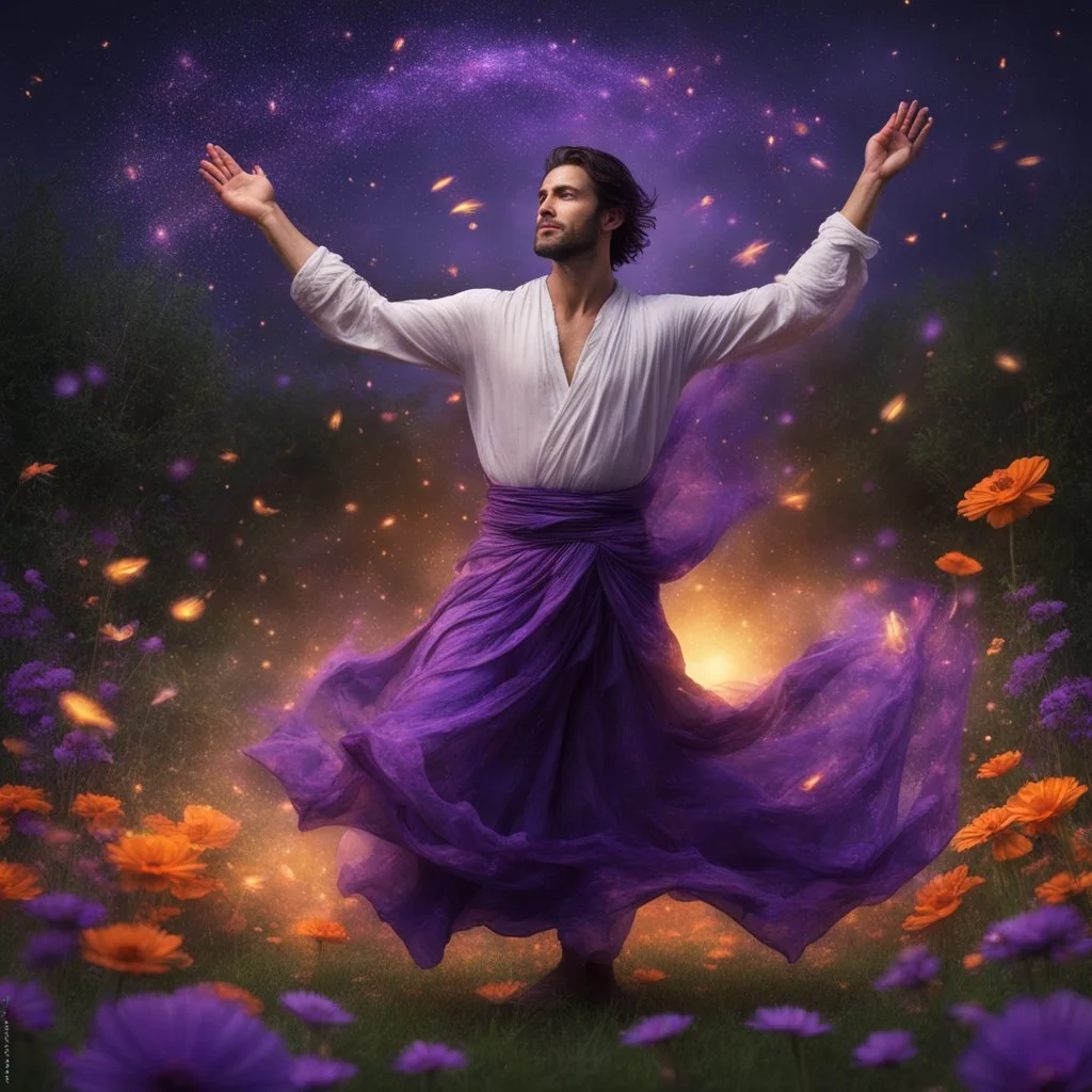 Hyper Realistic Young Muscular Handsome Sufi Whirling with Purple & Orange Islamic Sufi Rustic Grungy in a beautiful flower garden at dark night with fireflies & starts on sky