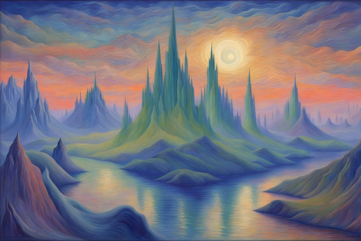 a noctilucent landscape in futurism style, vibrant beautiful award by artist "Umberto Boccioni"by artist "Leonora Carrington",by artist "Guy Orlando Rose"