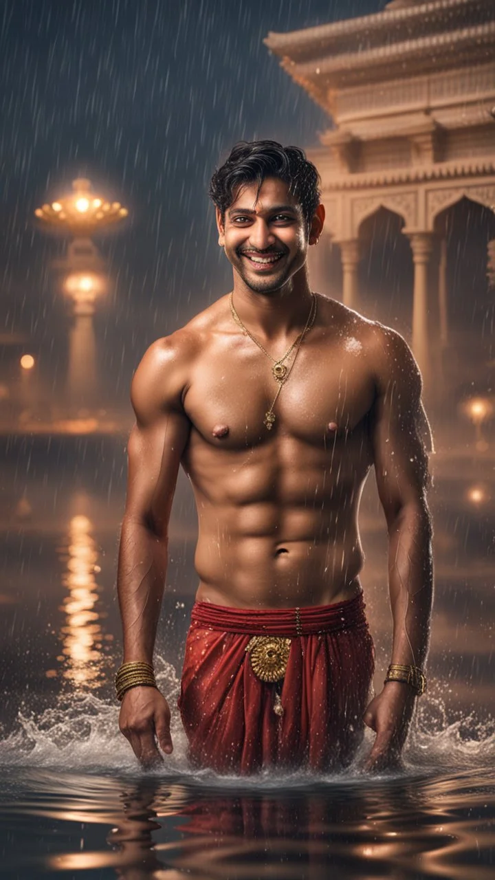 Hyper Realistic handsome Young shirtless muscular short hair Indian king with wet chest smiling & bathing in a lake outside traditionally beautiful Indian palace at heavy rainy night