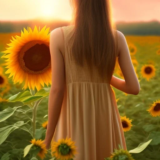 woman, blonde, sunflower field, sunset, back view, plain long brown dress, windy, flower in hand