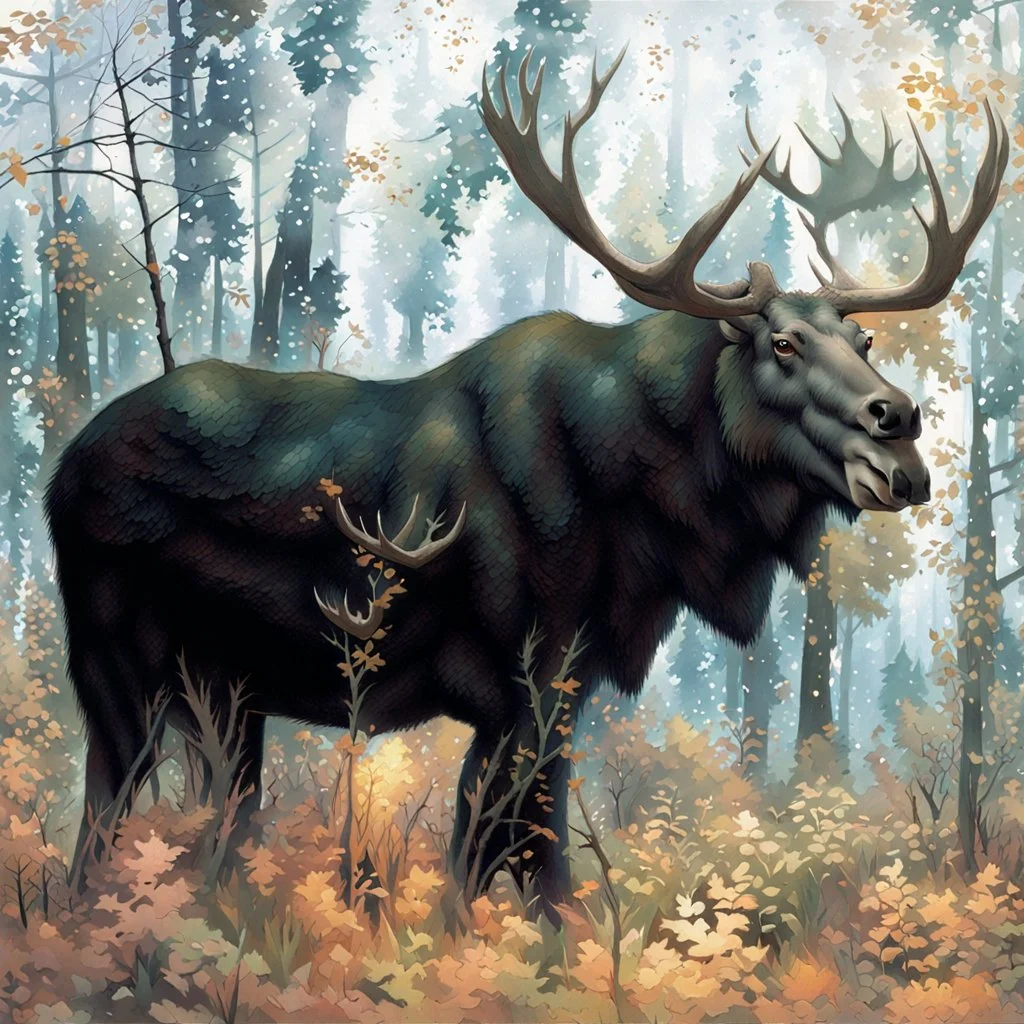 90's fantasy tcg art of a moose in forest