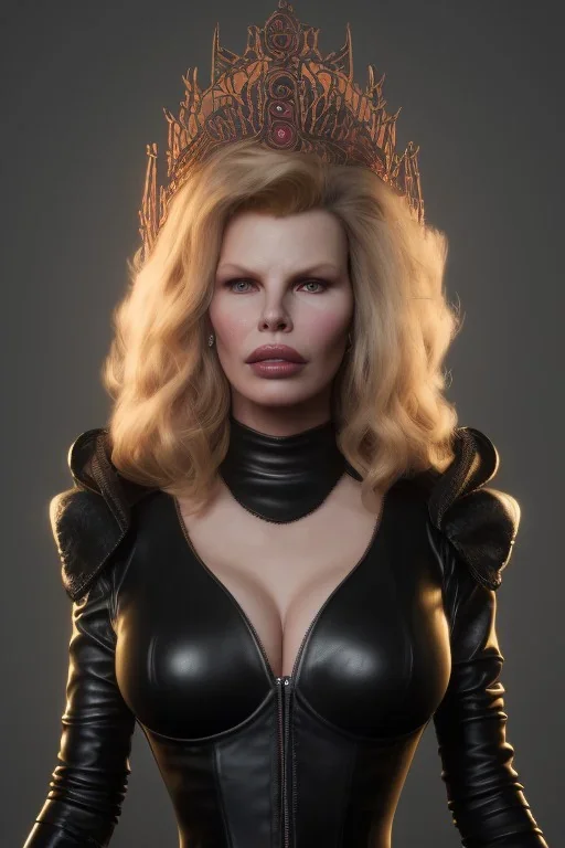 Kim Basinger as evil queen in black leather, busty, cleavage, curvy, angry, stern look. character design by cory loftis, fenghua zhong, ryohei hase, ismail inceoglu and ruan jia. unreal engine 5, artistic lighting, highly detailed, photorealistic, fantasy