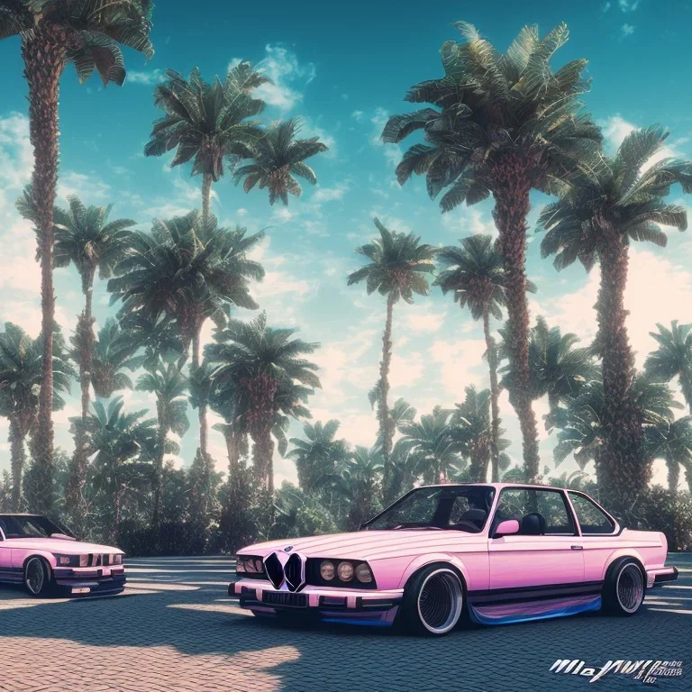 1980's aesthetic vaporwave palm trees and spheres and bmw