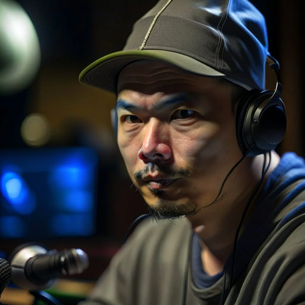 Christer Chao Solvang, norwegian chinese rapper in silver gloden studio and with a tiny weird hat, young dark and handsome, with thick hairy eyebrows, and tiny mic, directing a debate, photo-realistic, shot on Hasselblad h6d-400c, zeiss prime lens, bokeh like f/0.8, tilt-shift lens 8k, high detail, smooth render, down-light, unreal engine, prize winning