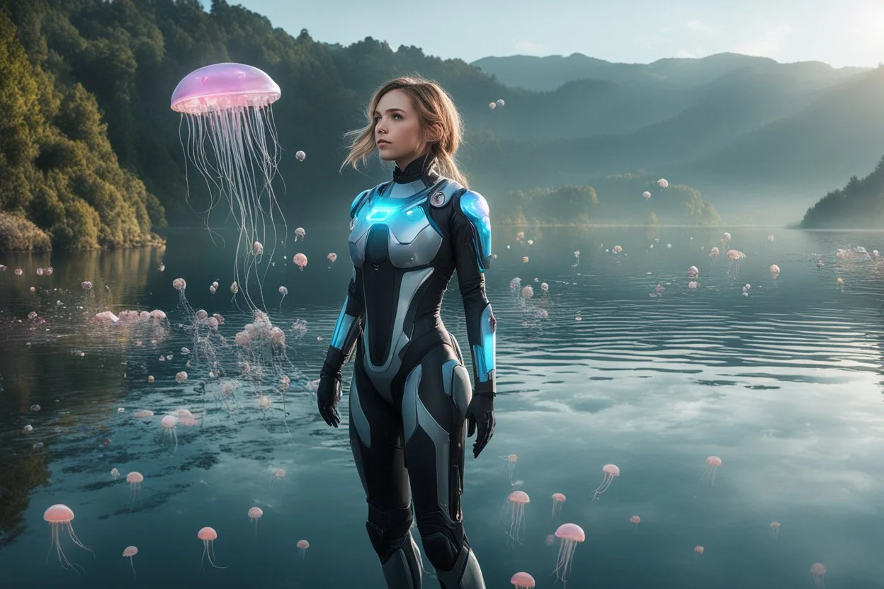 A young woman in an android suit, standing next to a lake, with many jellyfish floating through the air.