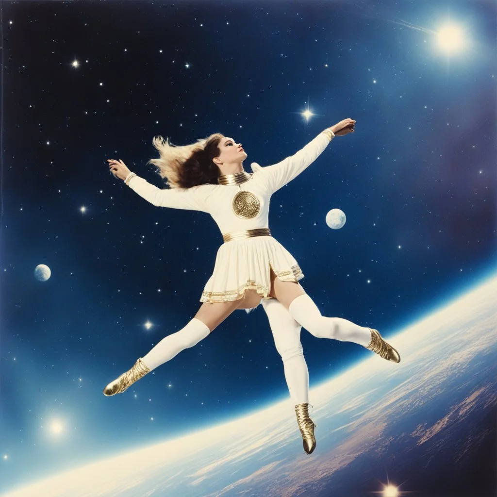 a celestial dancer in space, vintage 1970's photo
