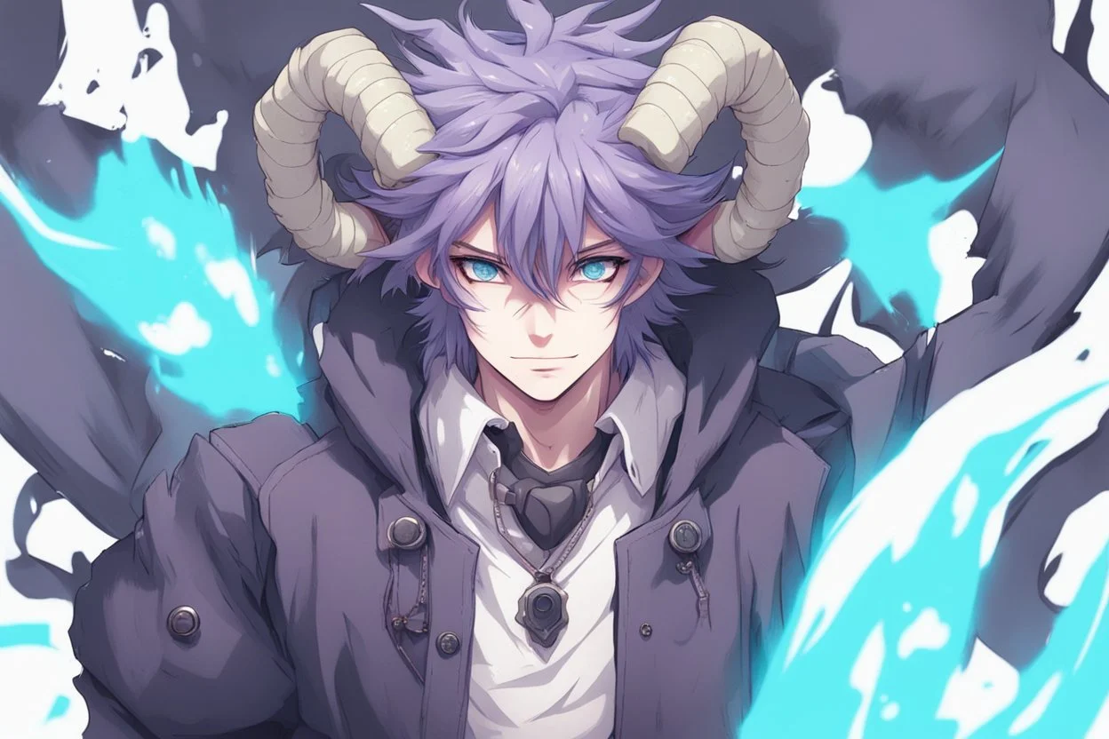 anime man with horns, fangs, messy purple hair and blue eyes