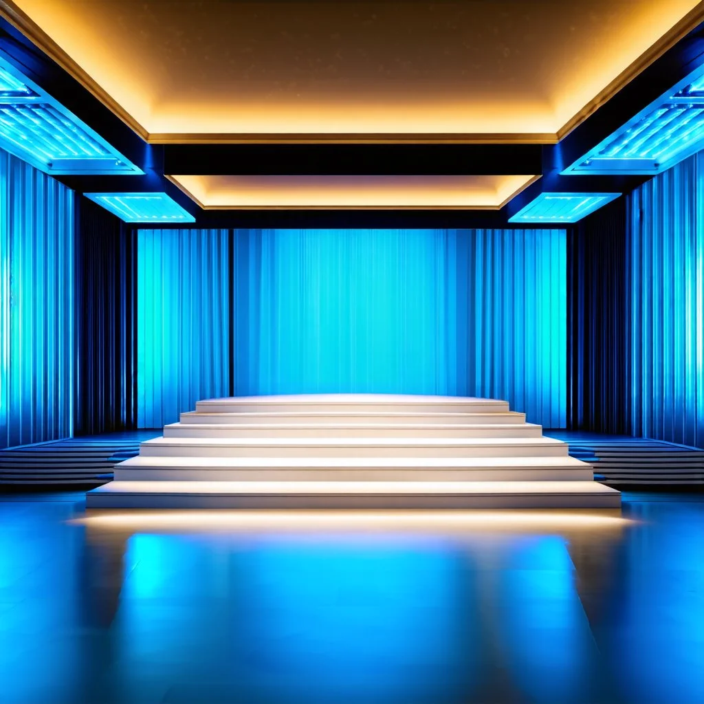 beautiful dance stage with no dancers in luxury modern hall dynamic lights, modern furniture light blue & gray theme