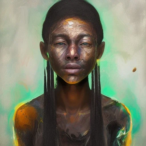 Portrait of a young black woman crying. Tears the colour of oil. Depression seeping out of her eyes nose and mouth like a oil spill