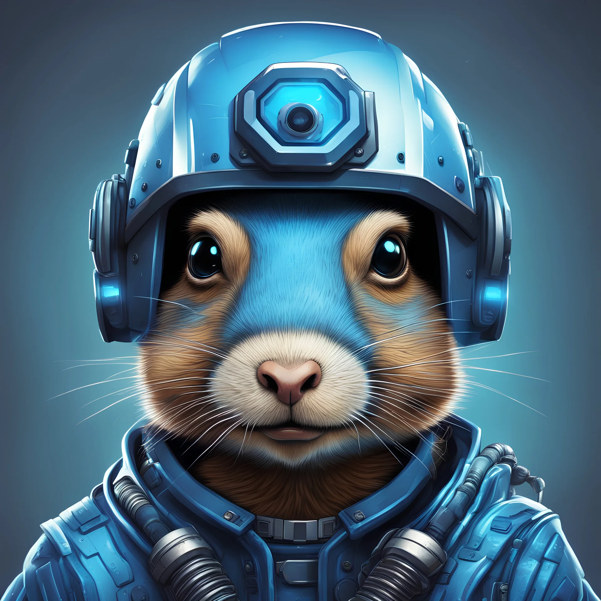 A portrait of blue cybernetic computer-hacker gopher wearing a cyber helmet. Digital Art. Digital Drawing