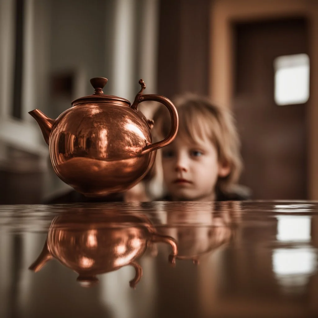 The reflection of a child on the surface of an old copper teapot