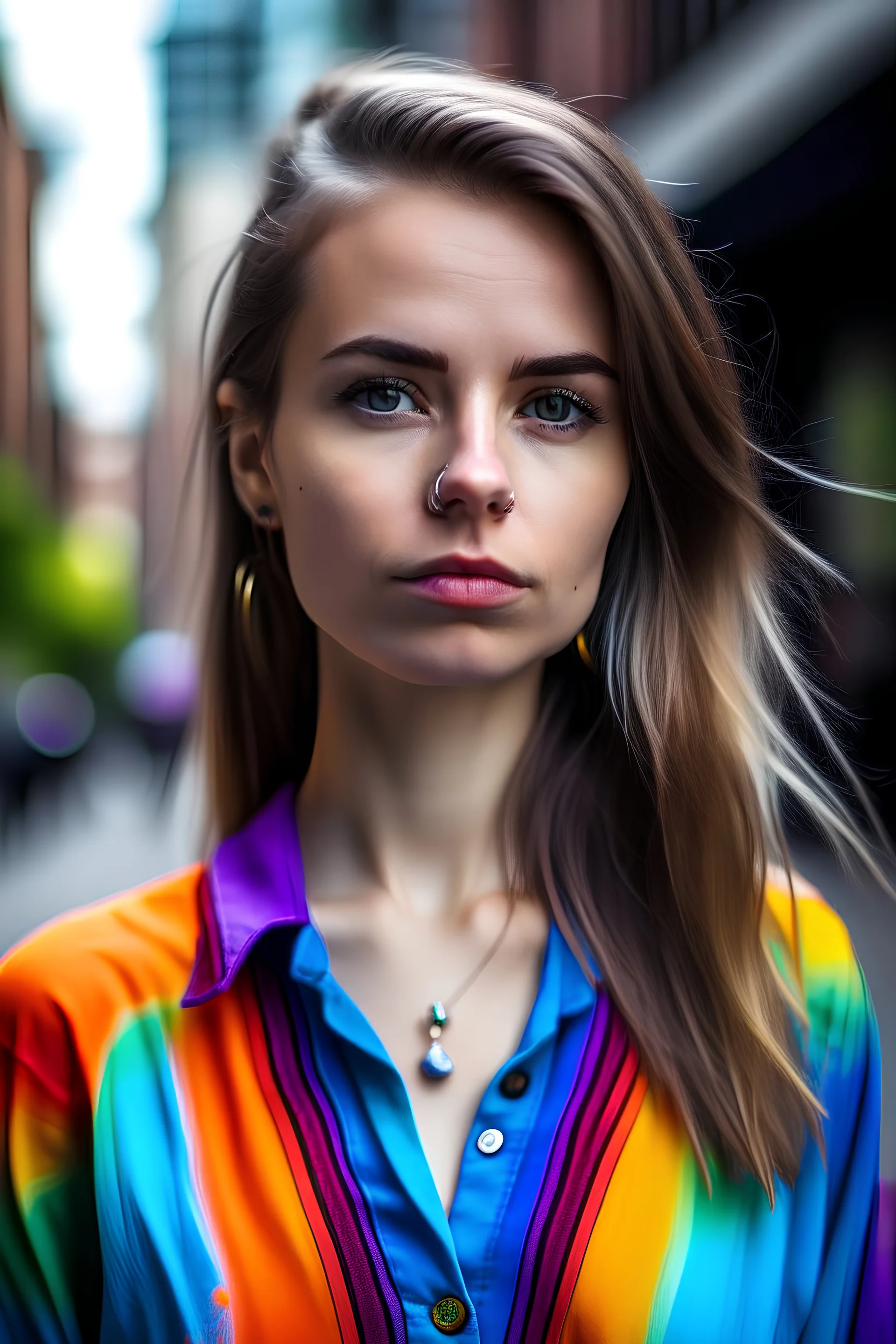 Frau, 28-jährig, realistische Haut, realistische Haare, ernsthafter Blick, farbige Kleidung in einer modernen Stadtumgebung.
