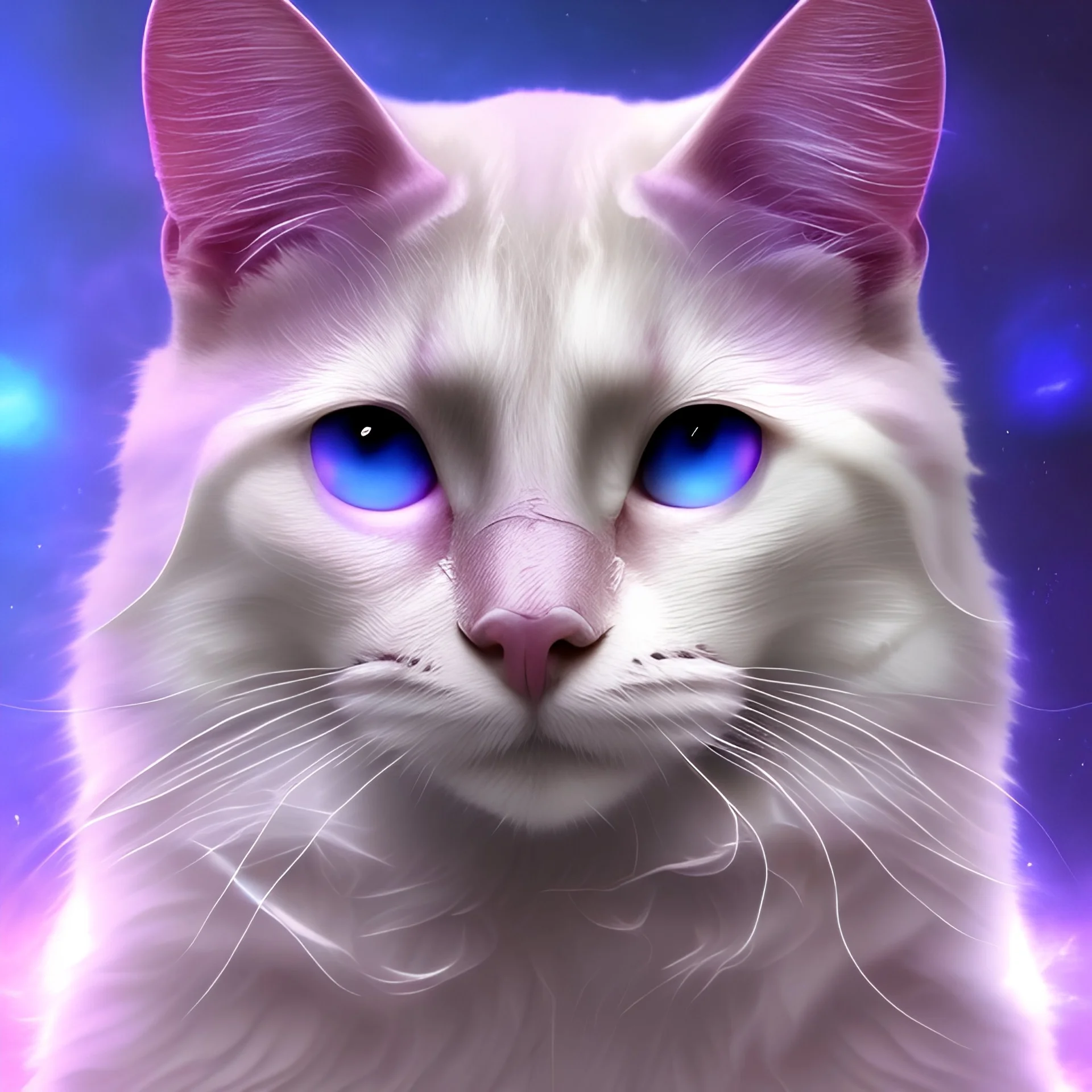 albino tom cat, Pleiadean, ethereal blue violet aura, glowing