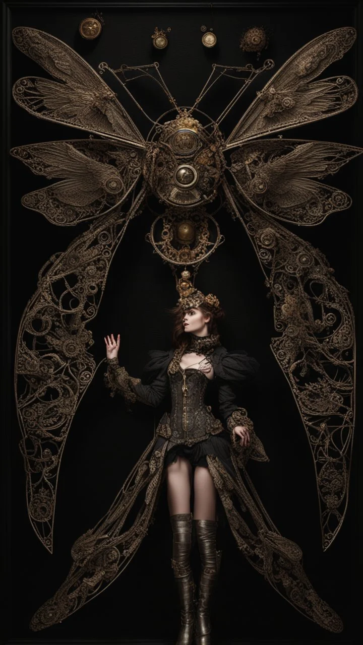 full length, steampunk delicate metal woman, moth, wings, black background