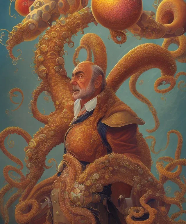 Sean Connery holding a giant lollipop in his left hand and an octopus in his right hand