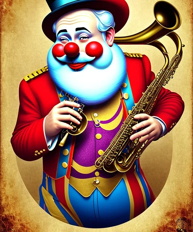 happy old friendly fat clown with round head and trimmed beard playing jazz with a steampunk theme, circus, realistic