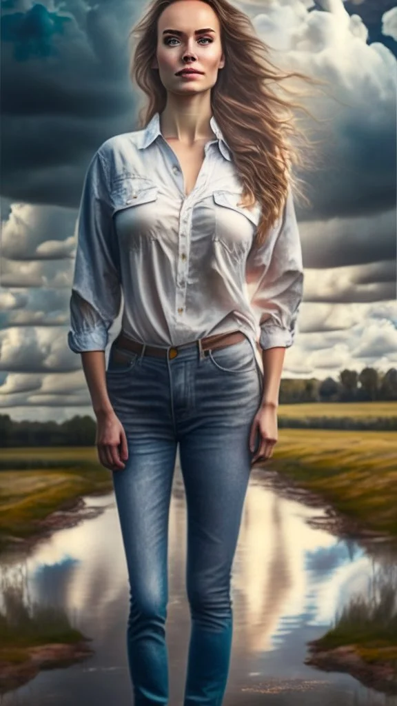 full body shot of a pretty woman, dressed in shirt, full body portrait, nice perfect face with perfect face, hyper realistic concept, 8k resolution, photography quality, posing for a photo, photo realistic, standing in country side with a small river,nice cloudy sky