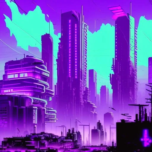 pos-apocalyptic cyberpunk city with destroyed buildings, a plubicity showing the number "2222", illuminated purple neon, dark, high contrast
