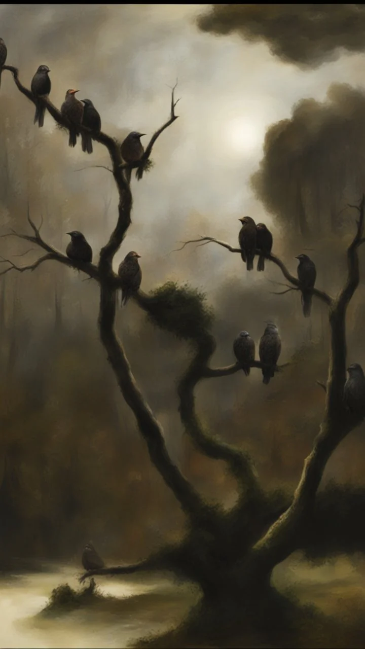 trees and black birds with human faces