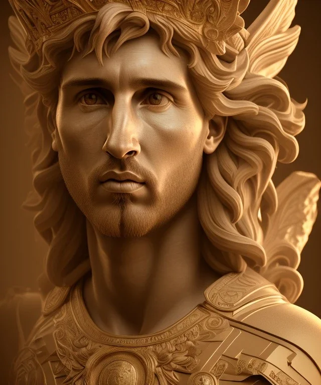 Realistic image, classic sculpture, marble material, Lionel Messi with Laurel wreath model, miguel angel style, God light, god rays, 4k resolution, perfect details, ornate details, soft lighting, unreal engine 5, soft cyan background.