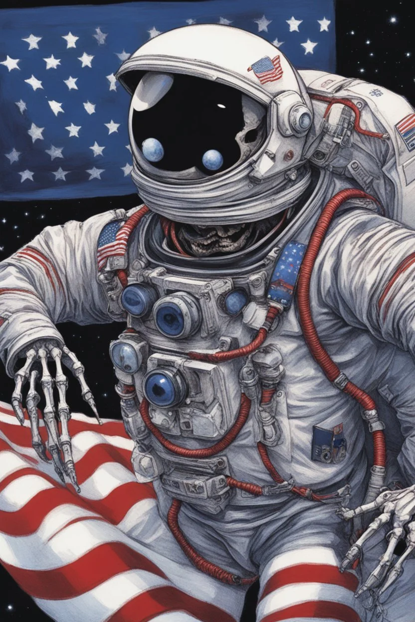 A close up of a skeleton face looking shocked, in an astronaut helmet and suit floating in space. inside the hollow eyes are red shining lights, scary. On his suit is an American flag and in his one hand is a small wavering American flag, on it is written "boned in the USA". From the back of his suit is blowing out blue, white and red smoke. Realistic, 8k, highly detailed, funny