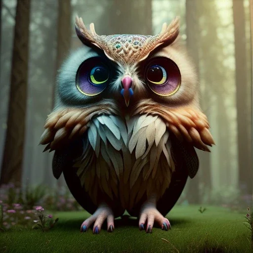 intricate details, realistic, octane, unreal engine, portrait, natural lighting,zoomed out + portrait, volumetric lighting, shiny,extreme detail, Photorealism, High detail, Hyper realistic Owl in forest, macro lens blur,abstract paint, sharp,ef 85mm 5.6, focus, trending by artstation