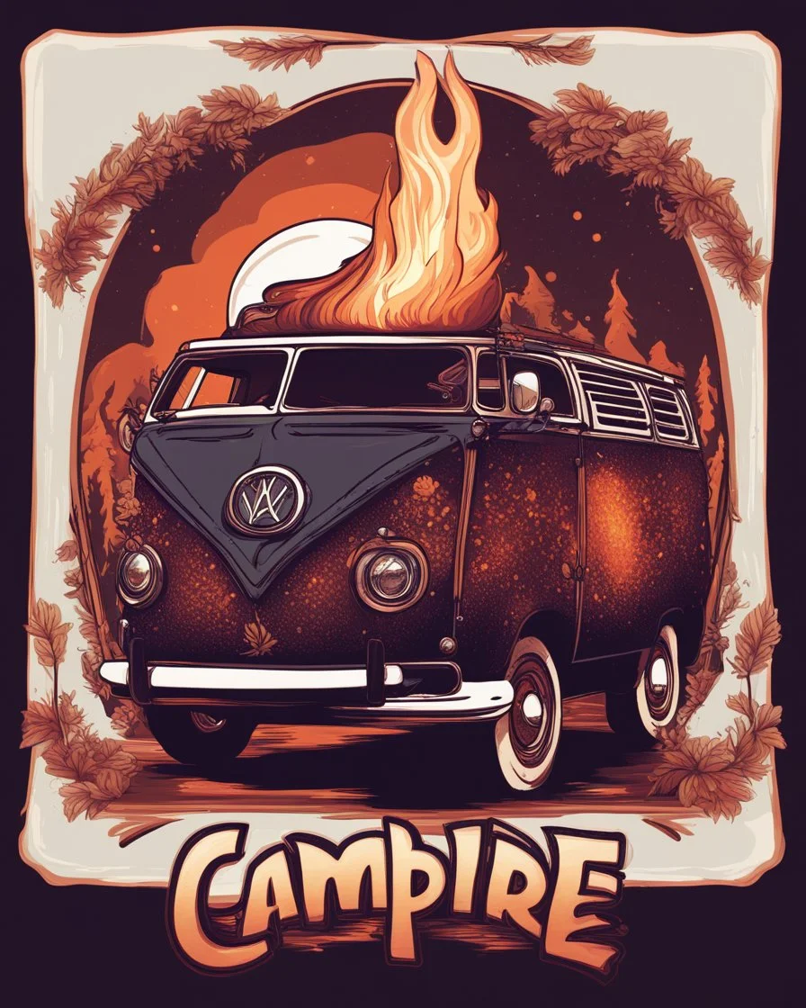 /imagine prompt: Campfire Van::2 Art Nouveau, Pointillism, Iconography, Warm hues, Magical realism, synthwave:: t-shirt vector, center composition graphic design, plain background::2 mockup::-2 --upbeta --ar 1:1