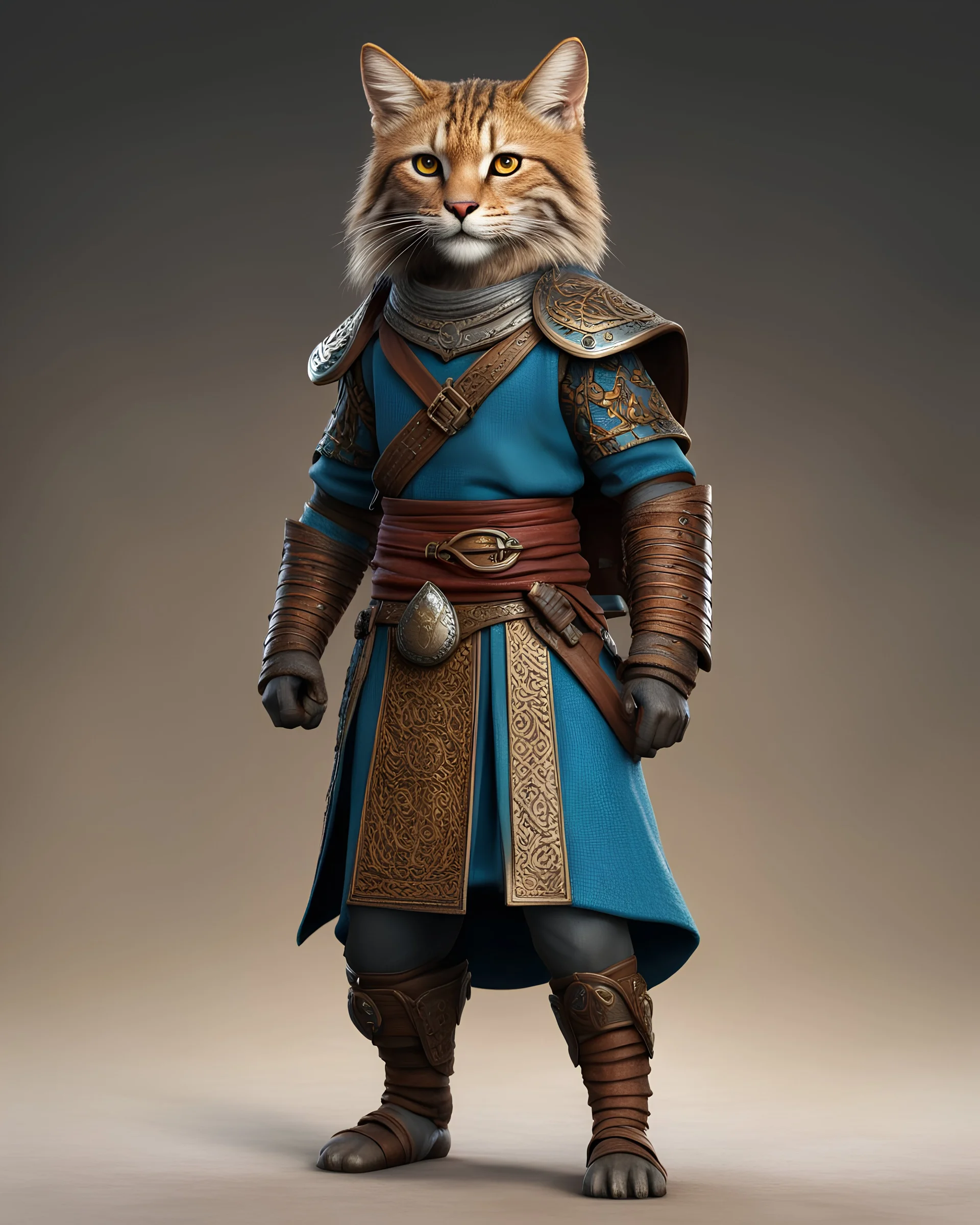 tabletop role-playing miniature of a humanoid wildcat adventurer wearing minoan-hittite-wuxia clothes. full body. concept art in the style of william morris dante Gabriel rosetti phillipe druilett. hyperrealism 4K ultra HD unreal engine 5 photorealism.