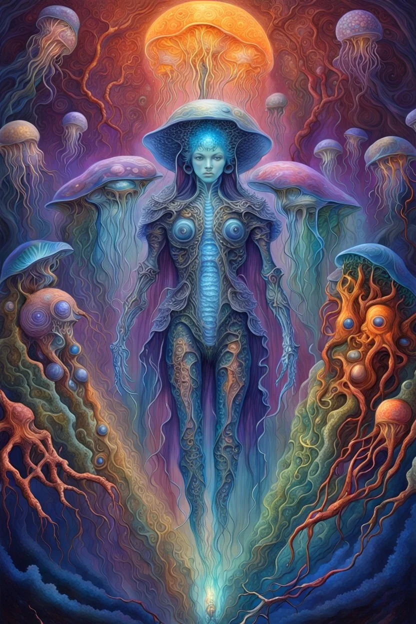 .bones. A jellyfish Cosmic robot .Fantasy, perfect anatomy, Coral trees, alien fruits ..fantasy, vibrant digital art professional award winning masterpiece, oil on canvas Atmospheric extremely detailed Josephine Wall