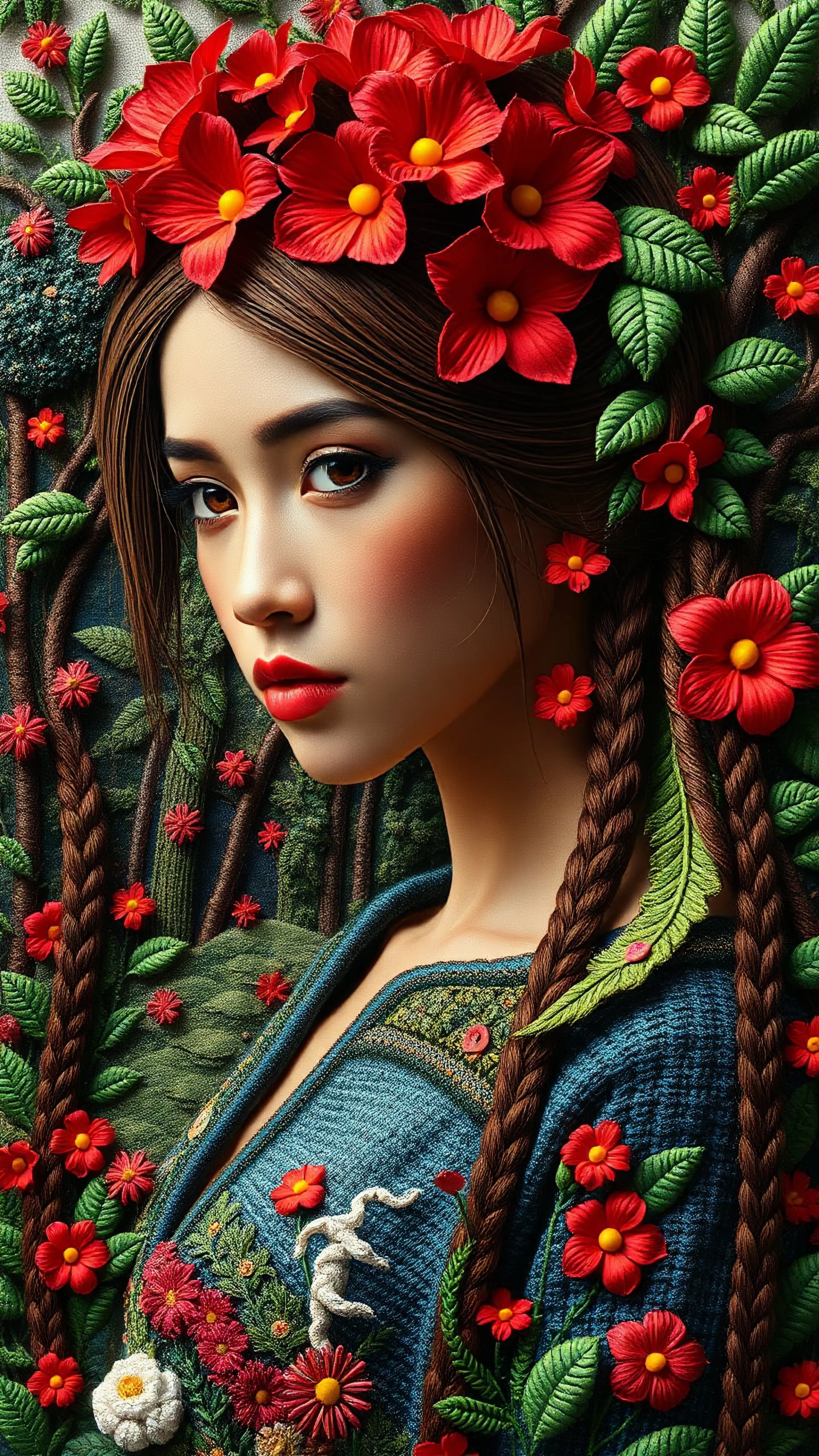 surreal, mandala, A hyper-detailed 3D embroidery art of a woman with long braided Brown hair, Brown eyes, red Lips, adorned with red flowers, wearing baju tradisional Borneo island knitted dress,open section unfolding intricate natur Forrest,River, Borneo island, blending into a lush embroidered landscape with vibrant flowers, and textured leaves. The entire scene looks like a seamless blend of realism surrealism and textile art, with every element-hair, dress, flowers, and tree-rendered using