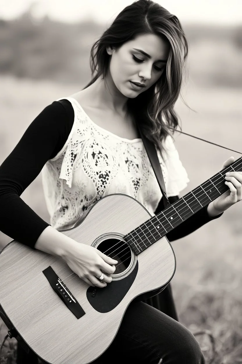 beautiful woman playing acoustic guitar in mid west blck and white old photto