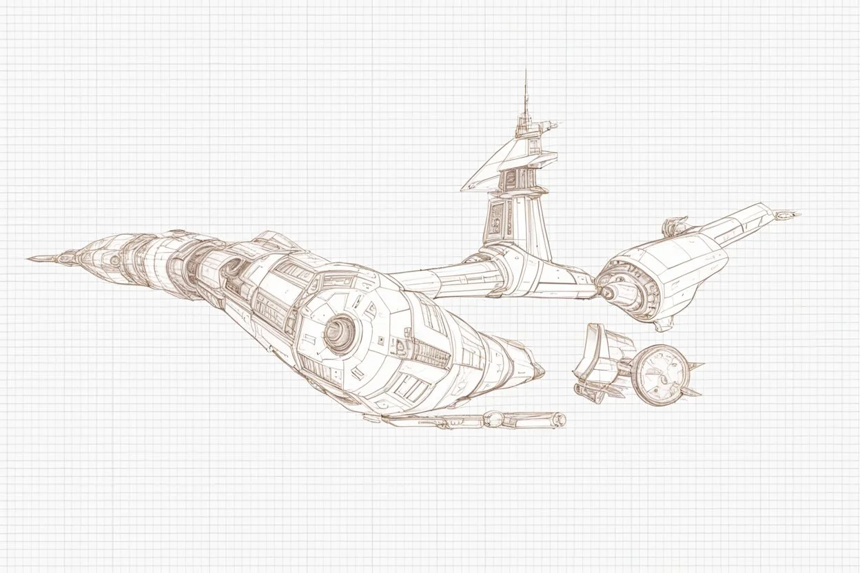 this is a terrible starship, it brings the armageddon, filled with turrets, cannons, tubes, iron armours, the deep space with a supernova in the background. Record of Lodoss War style, Linework: Expressive, expressive black ink line art with variable stroke weights. Crisp contours define silhouettes while fine hatching adds subtle depth and form.