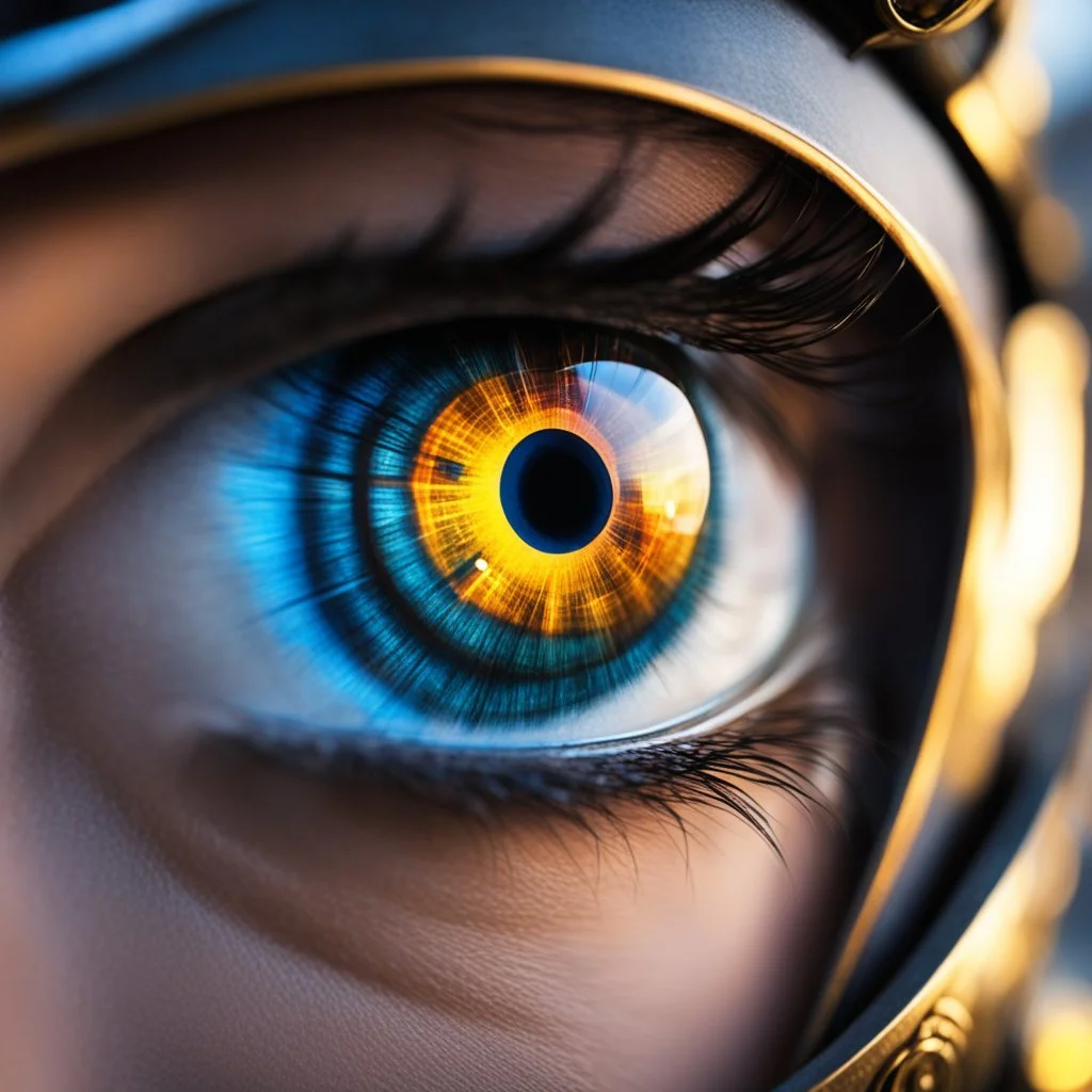 bokeh close up detailed view: Zoom in on the eye of this marvelous character: the ultimate merge of techno-medieval device. The eye gleams with a mix of ancient wisdom and futuristic power, a reflection of a thousand battles fought and a thousand more to come. Within its depths, you can see the struggle of man and machine, the eternal conflict between the past and the future. It is a window into a soul forged in the fires of war, a soul that knows no fear and acknowledges no defeat. The eye of t