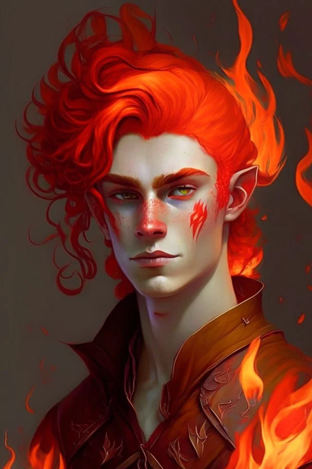 A teenage half-elf man, his hair is like red flame, flirtatious, fancy clothing