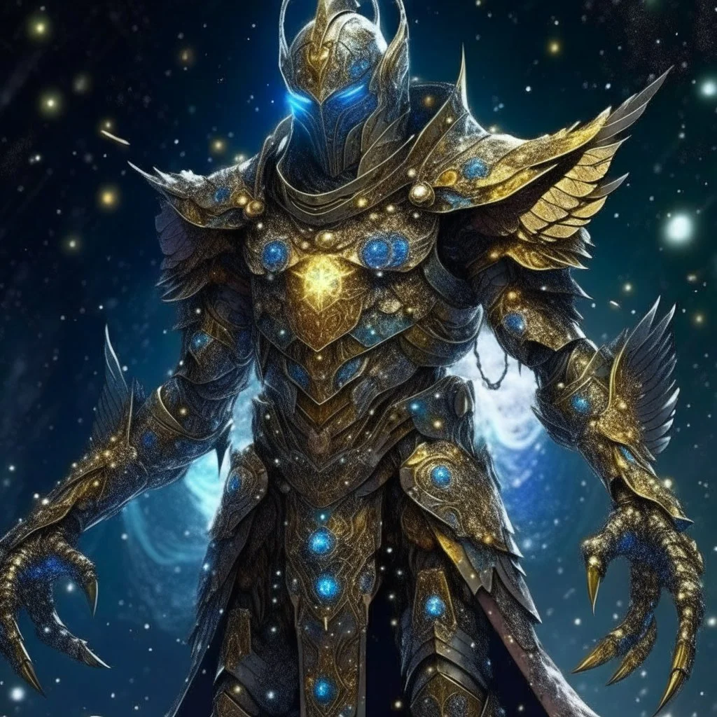 A battle suit made of galaxies and stars with a glove that has seven endless stones,A god-like man with infinite power who owns the galaxies,God-like man with infinite power who owns the galaxies and wears a beautiful crown, a jewel of diamonds and galaxies with weapons riding on a creature with an eagle head and eagle wings and eagle hands