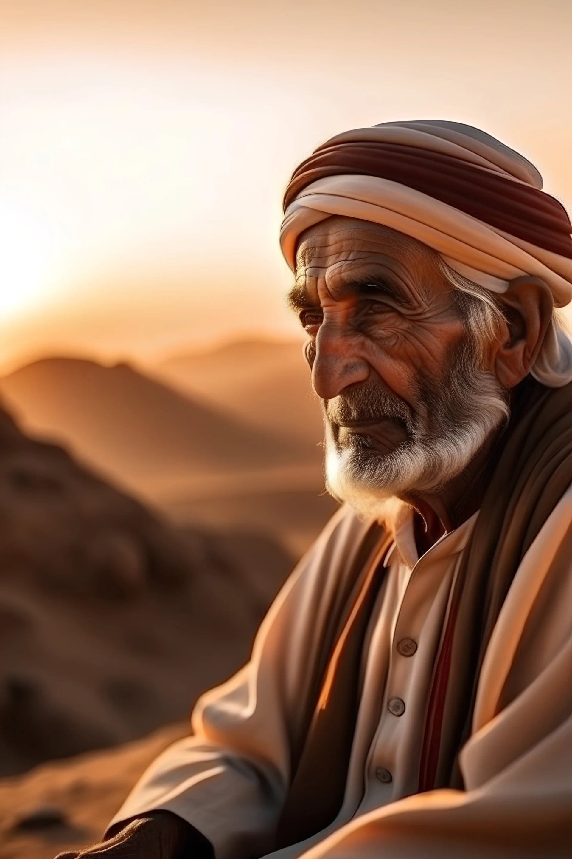Old Arabic man at dessert atmosphere sunset