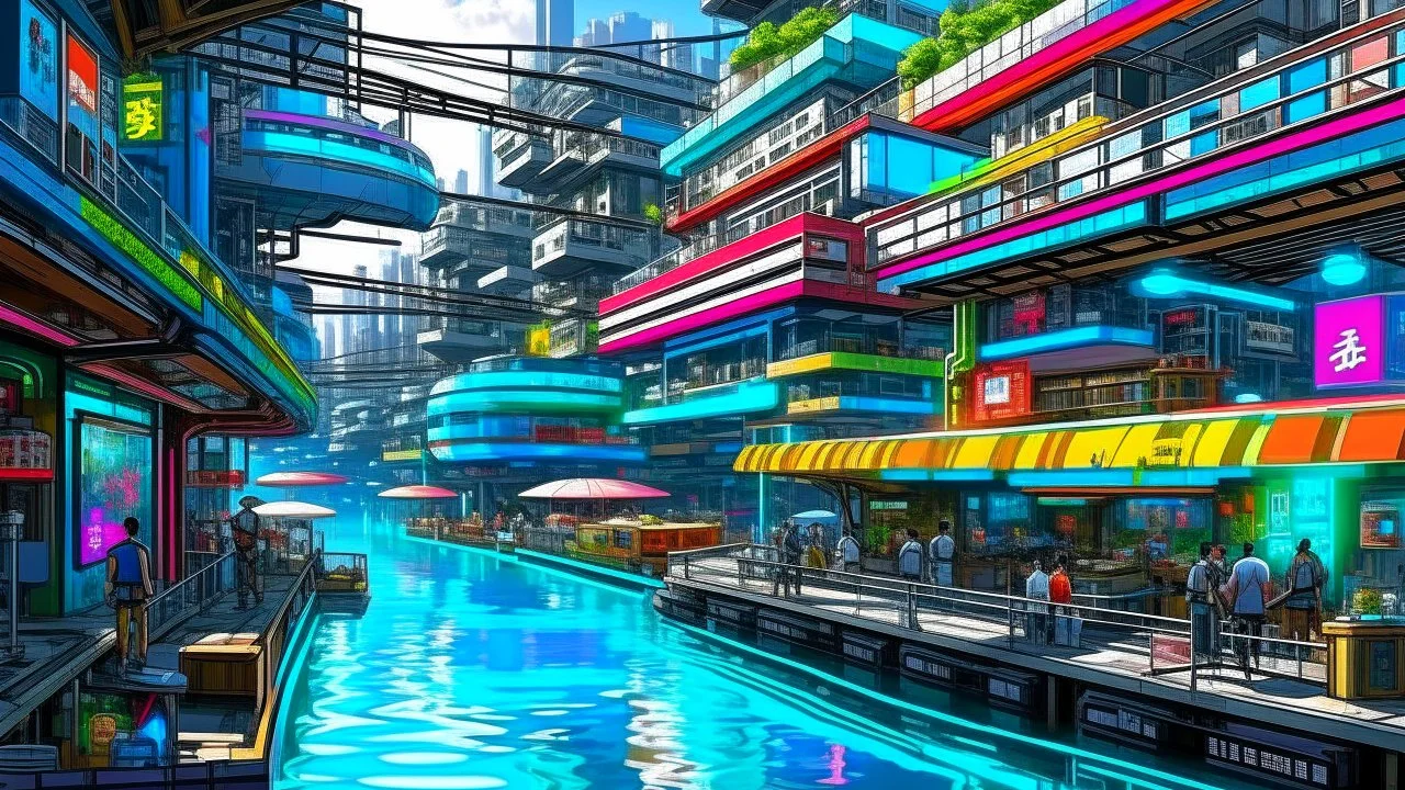 Water-level view of buildings on a canal, made of metal, cyberpunk, many painted colours, floating and flying boats, balconies, bridges, people, shopping, eating, walking, fifth element, ghost in the shell, altered carbon