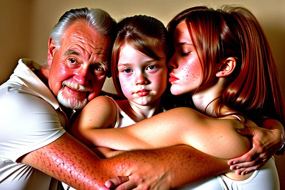 beautiful auburn hair teenage laracroft girls with grandpa in bedroom, hugging dad bare lips