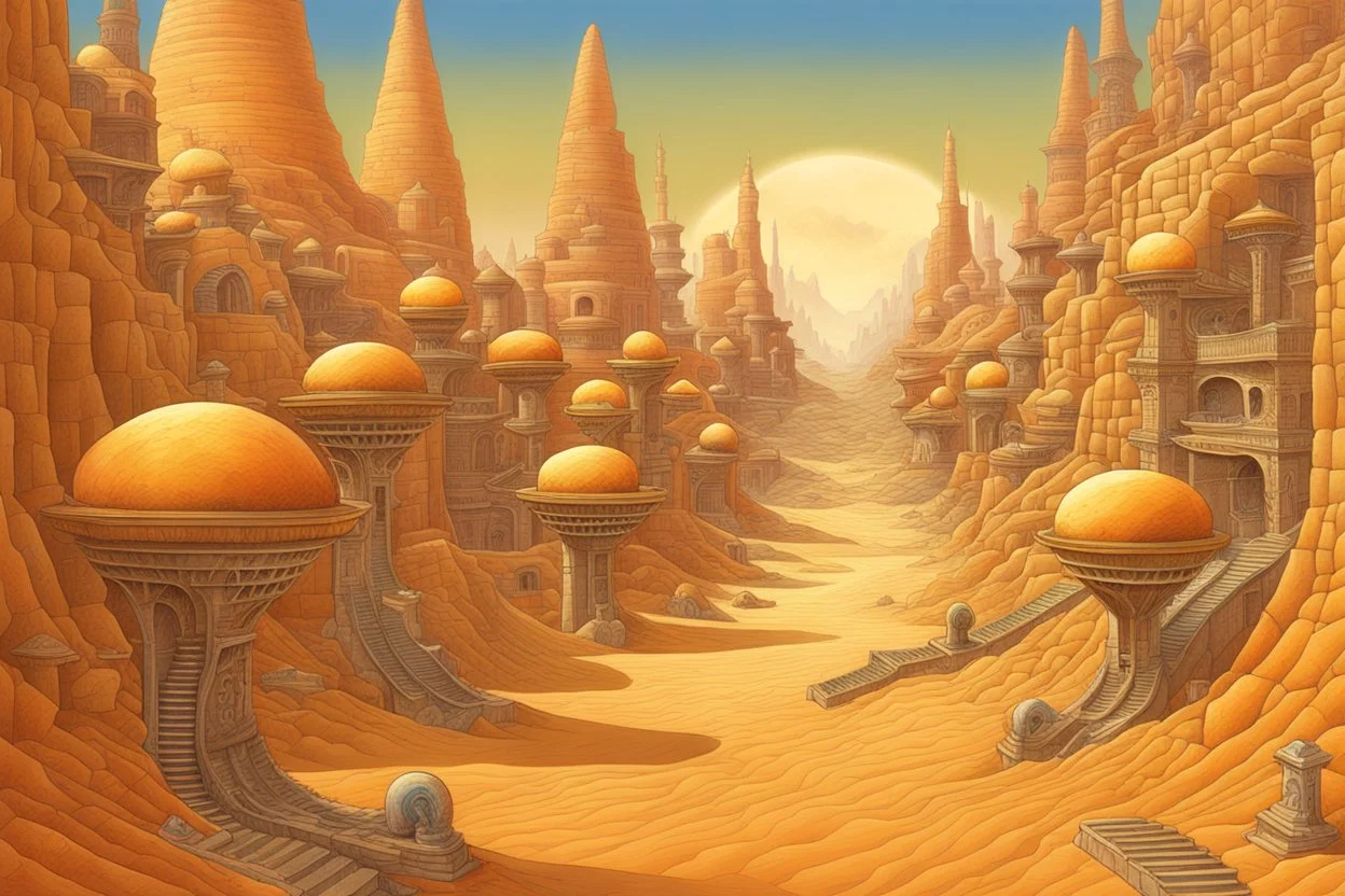 A [complicated sci-fi] alley of sphinxes in the style of Jacek Yerka Imagination Unveiled, on the desert planet Gliese, Captivating by Pranckevicius by Gonsalves hyperdetailed by Ian miller