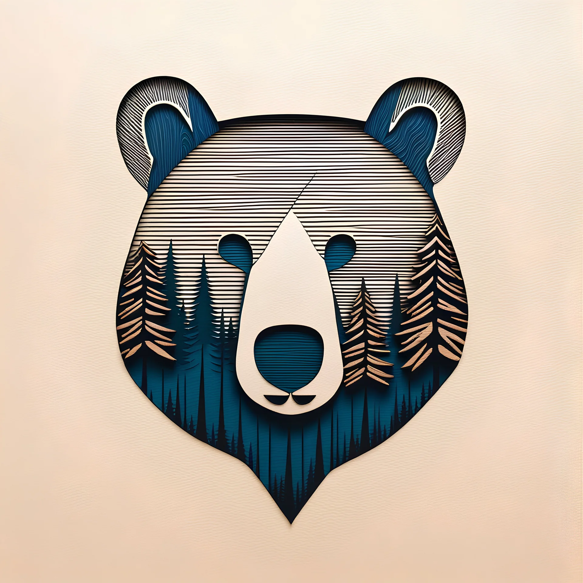 M shaped bear head combined with lots of woods silhouette in background, letterpress style, minimalistic pencil art