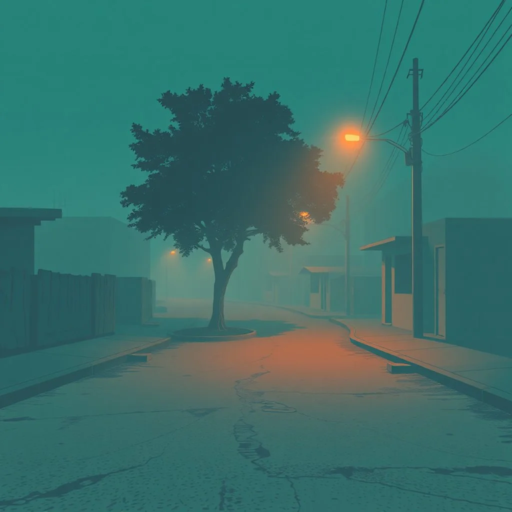 A schematic, nostalgic, vaporwave-style image of a dimly lit, foggy street in the outskirts with a pastel blue and brown color scheme. The street has a textured, rough surface. There is a tree in the corner. The background contains a few buildings. The overall atmosphere is eerie and foggy.